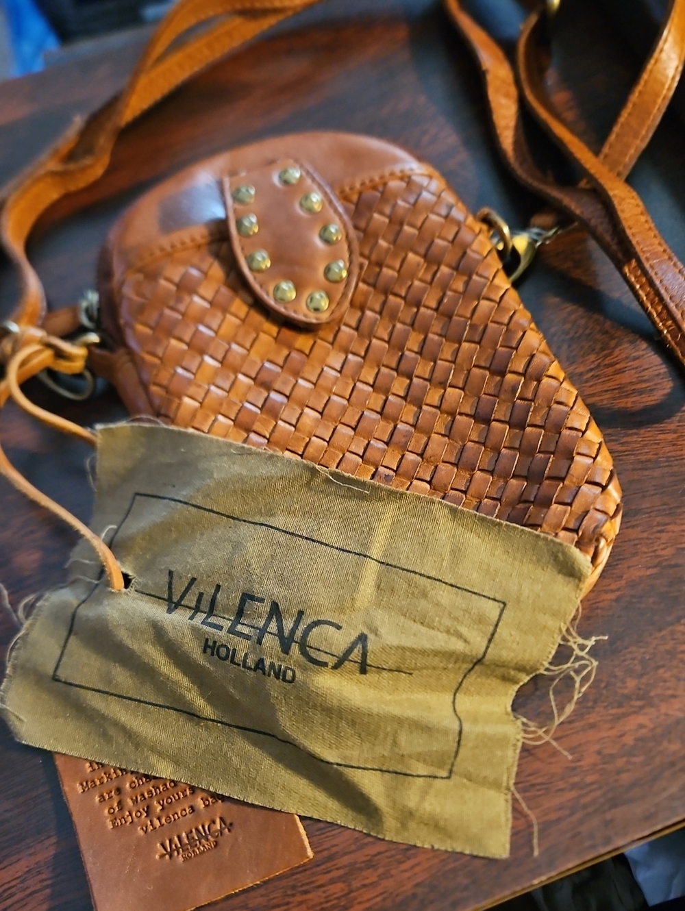 Vilenca Holland Tan Woven Leather Crossbody Bag